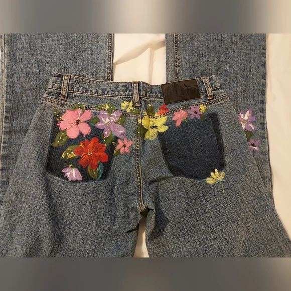 Express Denim Jeans with Painted Vibrant Floral And Beaded Design - Picture 8 of 8